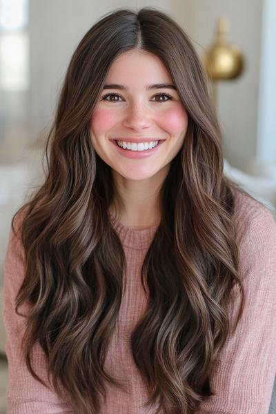 A young woman with long, wavy, dark brown hair smiles warmly, wearing a light pink sweater.