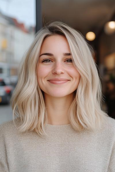 A woman with light ash blonde hair styled in a shoulder-length, wavy bob.