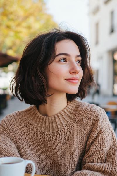 A woman with dark chocolate brown, shoulder-length, wavy hair is sitting outdoors and wearing a beige sweater.