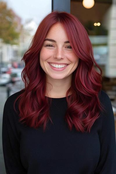 A woman with long, wavy burgundy dark red hair smiles, her hair styled with a middle parting.