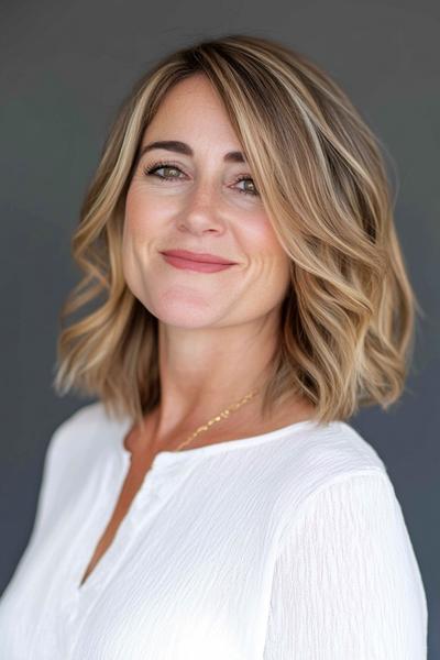 A woman with a medium-length wavy blonde bob hairstyle and side-swept bangs, wearing a white blouse, smiling at the camera.