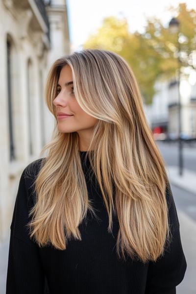 A woman with long, layered blonde hair featuring dark brown streaks, styled with soft waves and a centre parting.