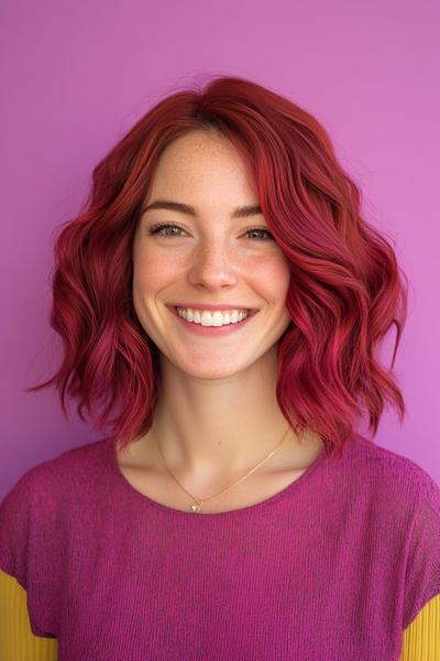 A woman with wavy burgundy dark red hair styled in a medium-length bob against a purple backdrop.