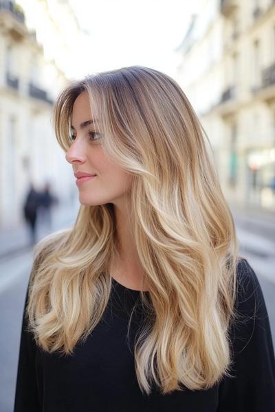 A woman with long, wavy blonde hair accented by dark brown streaks standing on a city street in a stylish and modern hairstyle.