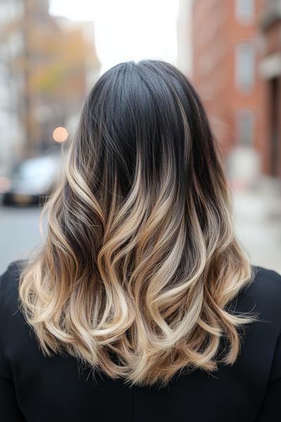 A woman’s hairstyle featuring smooth black hair with soft, flowing blonde highlights towards the ends.