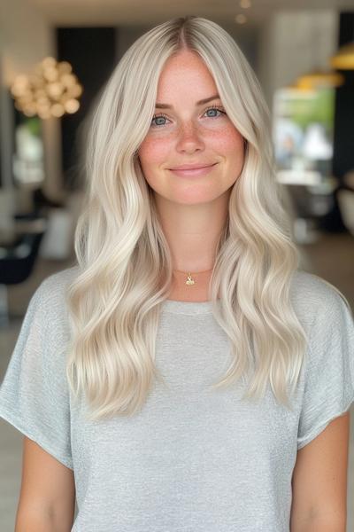 A woman with light ash blonde, wavy hair styled in loose waves, wearing a grey t-shirt and smiling softly.