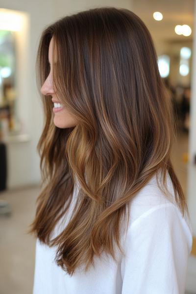 A woman with long, dark brown hair styled in soft, natural waves.