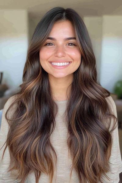 A woman with long, wavy dark brown hair featuring subtle lighter highlights and a centre parting.