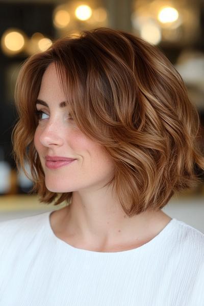 A woman with shoulder-length, wavy, light brown hair styled in a voluminous, layered bob.