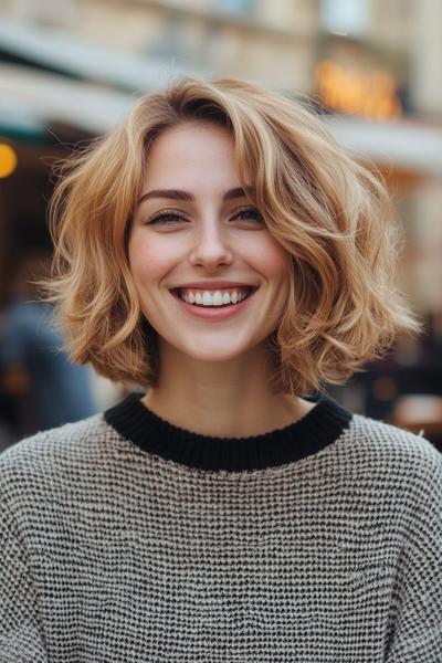 A woman with a wavy blonde bob haircut smiles warmly while wearing a grey knitted jumper.