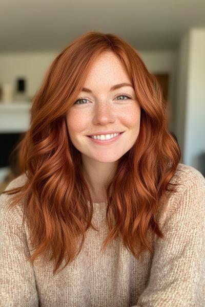 A woman with dark auburn hair styled in loose, natural waves smiles warmly.