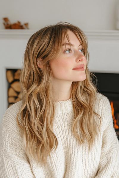 A woman with long, wavy hair and curtain bangs wearing a cosy cream sweater.