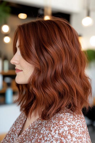 A woman with dark auburn, shoulder-length wavy hair styled in loose, natural waves, viewed from the side.