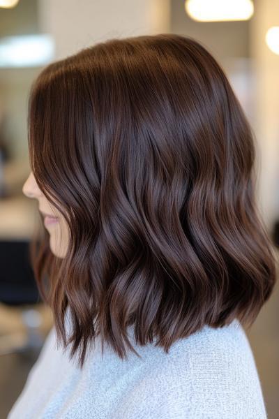 A side view of a person with dark chocolate brown hair styled in soft, wavy shoulder-length locks.