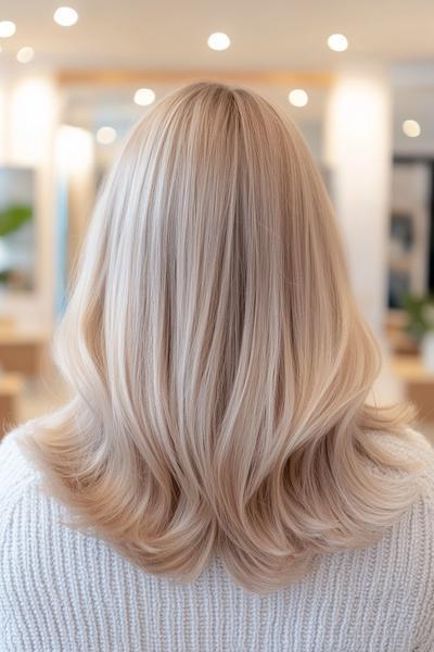 This image showcases a hairstyle with light ash blonde hair, featuring straight and smooth strands styled with soft, gentle waves at the ends.