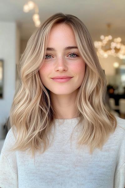 A woman with wavy, light ash blonde hair styled in a shoulder-length, loose and natural look.