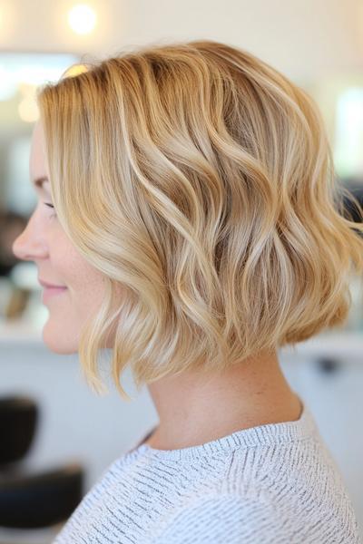 A close-up of a woman with a wavy blonde bob haircut in a light, airy setting.