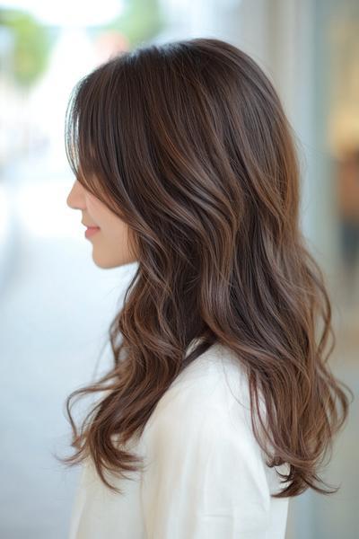 A side profile of a woman with dark brown hair styled in loose, voluminous waves, falling past her shoulders.