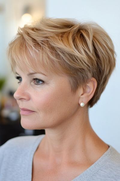 A woman with short, choppy, layered hair that is light blonde in colour and styled in a pixie cut.