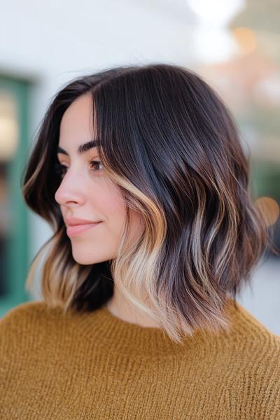 A woman with shoulder-length black hair and blonde highlights styled in loose waves.