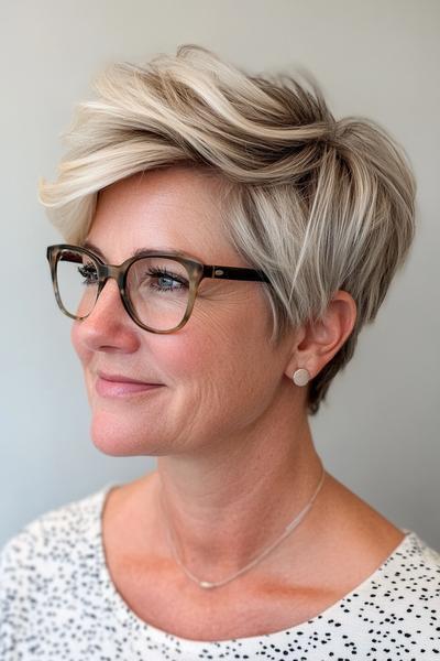 A woman with a short, choppy hairstyle featuring layered, tousled strands, wearing glasses and a light top.