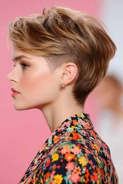 A woman with an undercut pixie hairstyle, featuring short shaved sides and longer, textured hair on top, is seen in profile.