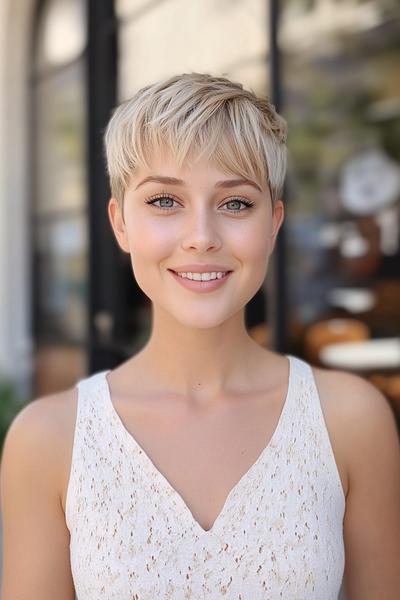 A woman with a short, blonde undercut pixie hairstyle, featuring a textured top and closely shaved sides, smiles while wearing a white sleeveless top.