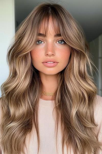 A woman with long, wavy hair styled in curtain bangs, framing her face and creating a soft, natural look.