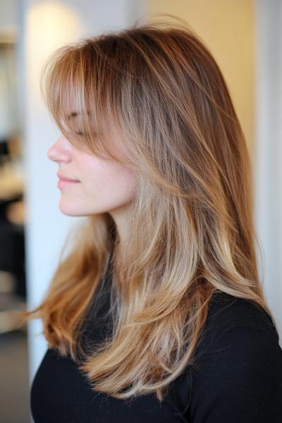 A woman with long, layered hair and curtain bangs, styled to fall softly around her face.