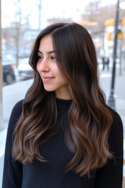 A woman with long, wavy dark brown hair parted in the middle, styled in loose waves cascading down past her shoulders.