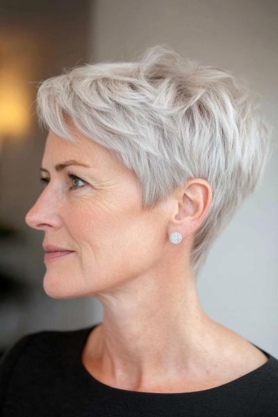 A woman with short, choppy, layered silver hair styled in a pixie cut.