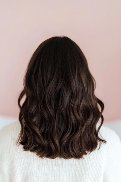 A back view of shoulder-length, wavy dark chocolate brown hair against a soft pink background.