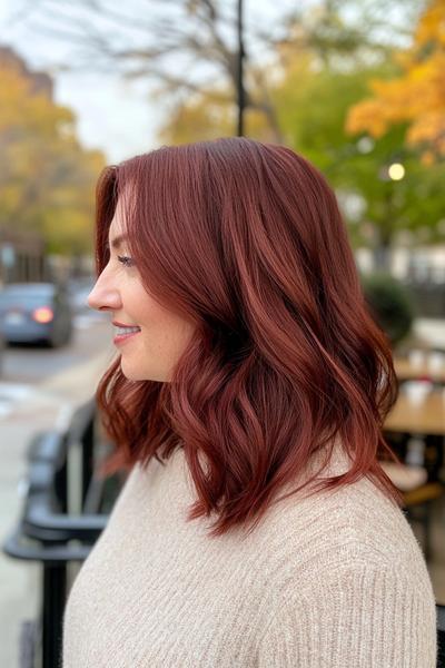 A woman with shoulder-length, wavy burgundy dark red hair, styled in loose waves, wearing a beige sweater, is seen from a side view.