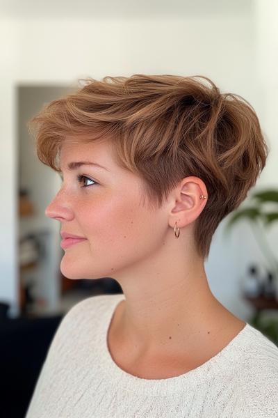 A person with a short undercut pixie hairstyle featuring longer, tousled hair on top and closely clipped sides.