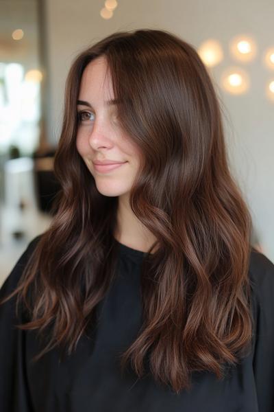 A woman with long, dark brown hair styled in loose waves and a middle parting.