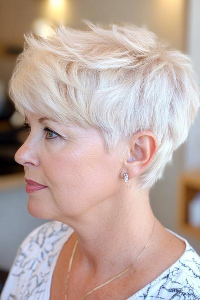 Short, layered, platinum blonde pixie cut with textured bangs, perfect for an easy wash-and-wear style.