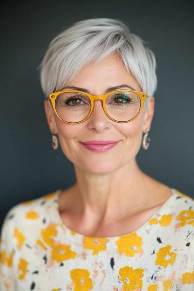 An older woman with short, neatly styled grey pixie cut hair, wearing fashionable yellow glasses, and a floral top.