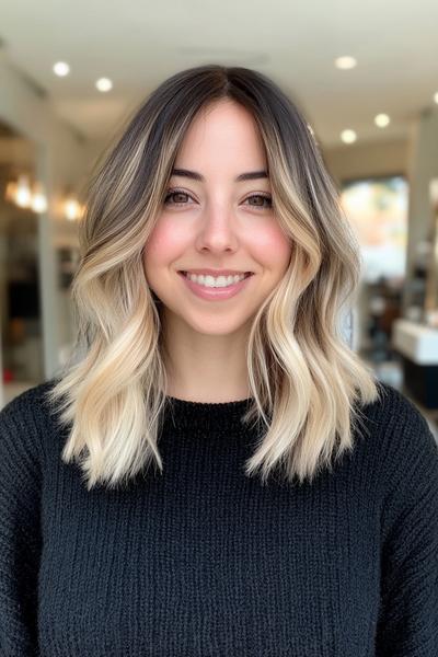 A woman with shoulder-length black hair featuring blonde highlights, styled in loose waves.