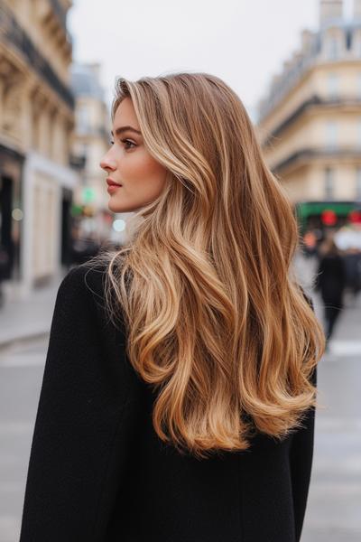 A woman with long, wavy blonde hair featuring dark brown streaks walks outdoors in an urban setting.