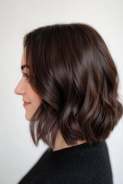 The image shows a woman with dark chocolate brown hair styled in a sleek, shoulder-length bob with soft waves.