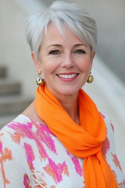 A close-cropped, wash-and-wear pixie haircut for women over 60, featuring soft, feathered layers and a side-swept fringe.