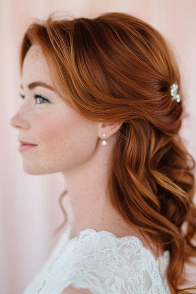 Side profile of a woman with dark auburn hair styled in loose, cascading waves with a delicate clip.