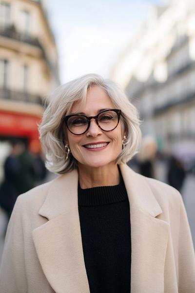 A smiling elderly woman with stylish, shoulder-length, layered grey hair and side-swept bangs, wearing glasses and an elegant beige coat.