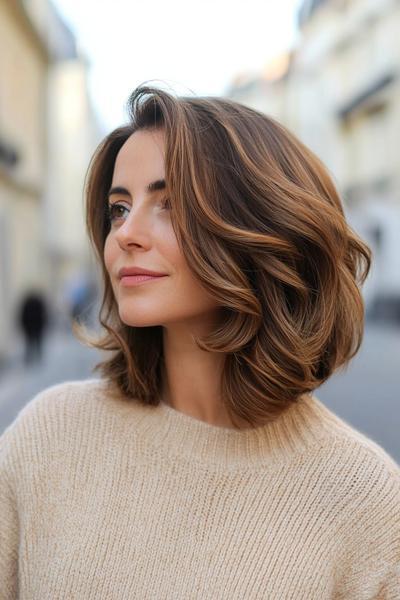 A woman with a medium length, layered bob hairstyle featuring soft waves and warm, caramel highlights.