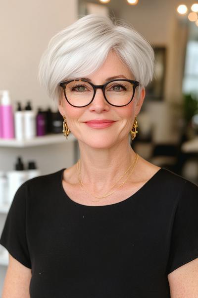 An older woman with glasses is wearing a stylish pixie cut with white hair, featuring soft layers and a side-swept fringe.