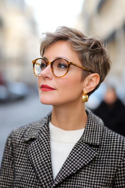 A stylish older woman with glasses and chic, short pixie cut hair stands outdoors, wearing a checked coat and a white top.