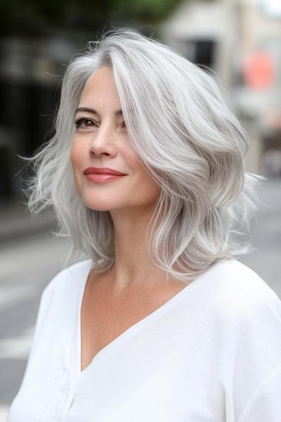 A woman with shoulder-length, wavy grey hair styled in soft layers, smiling outdoors.