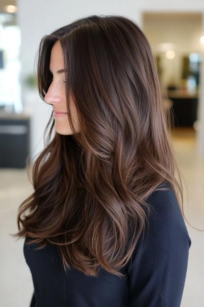 A profile view of a woman with dark brown, wavy, and voluminous long hair, styled with loose waves cascading over her shoulders.