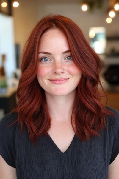 A woman with wavy, shoulder-length dark auburn hair parted in the middle, styled in loose waves.