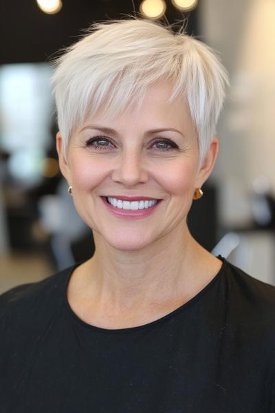 A smiling elderly woman with short, white, layered hair styled in a pixie cut.